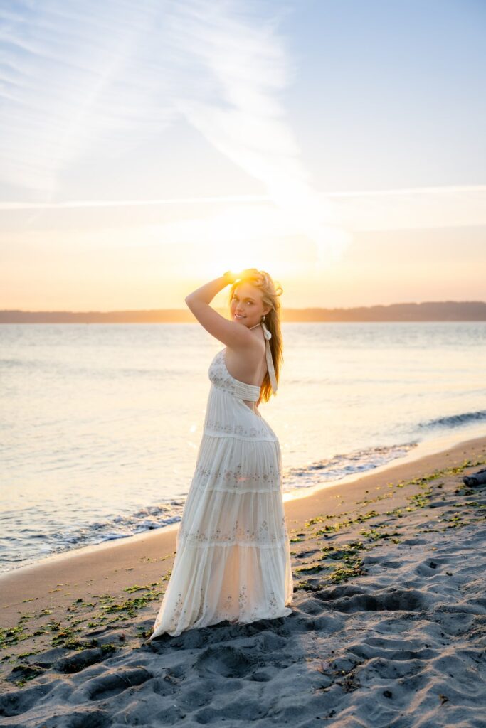 seattle beach senior girl long white dress
