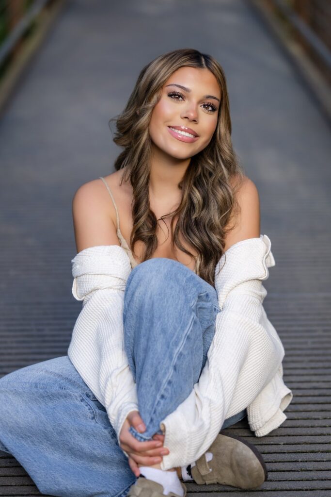 bellevue botanical garden seated pose on suspension bridge