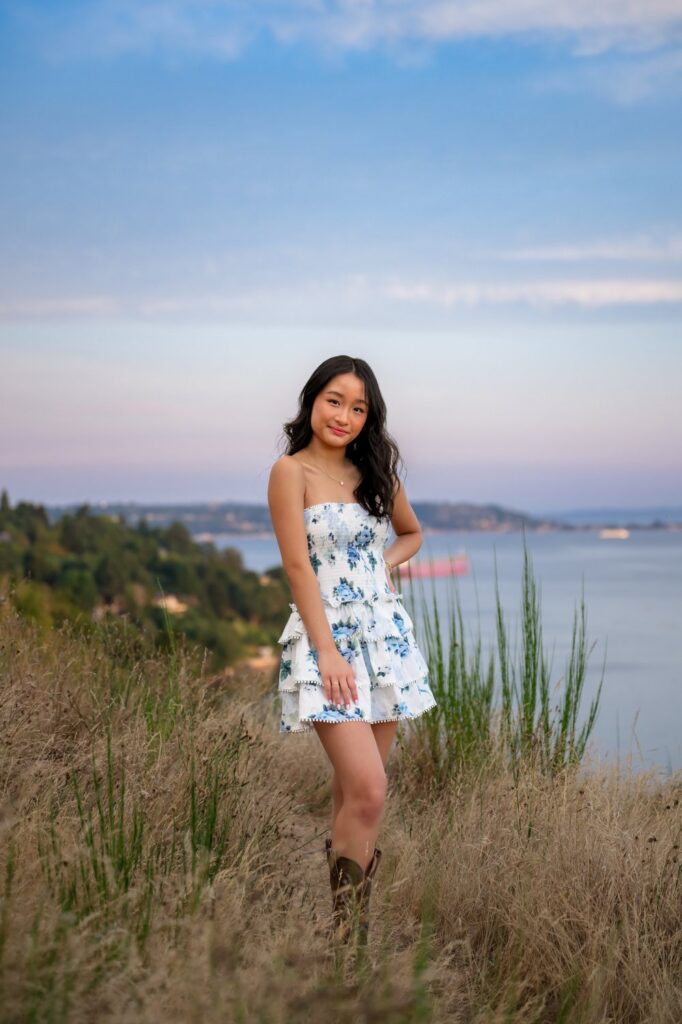 seattle ocean view senior portraits blue dress and boots