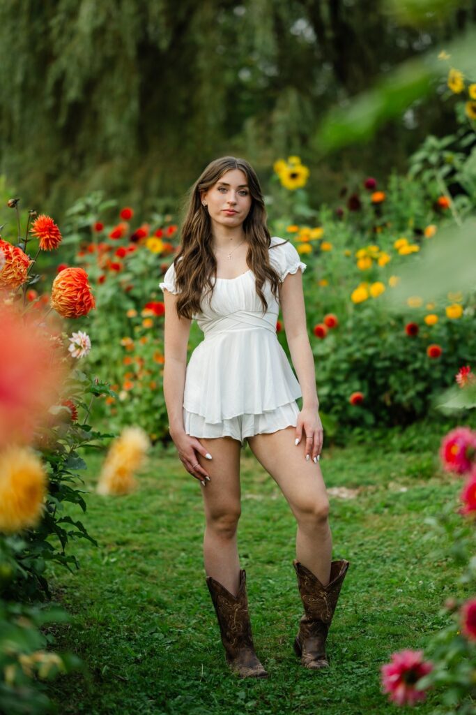 senior girl white dress flower farm