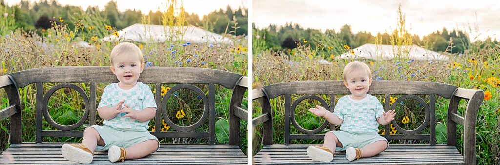flower field bench with baby