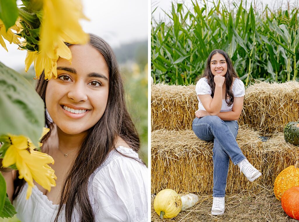 fall sunflower and corn maze senior pictures girl