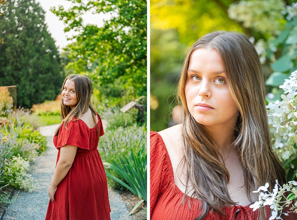 senior girl red dress summer garden