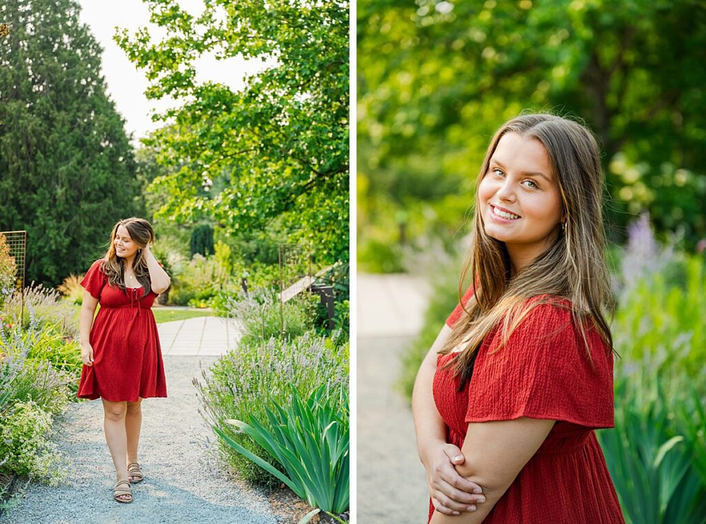 senior girl red dress garden