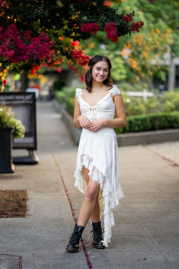 thrifted white dress for senior girl with black boots