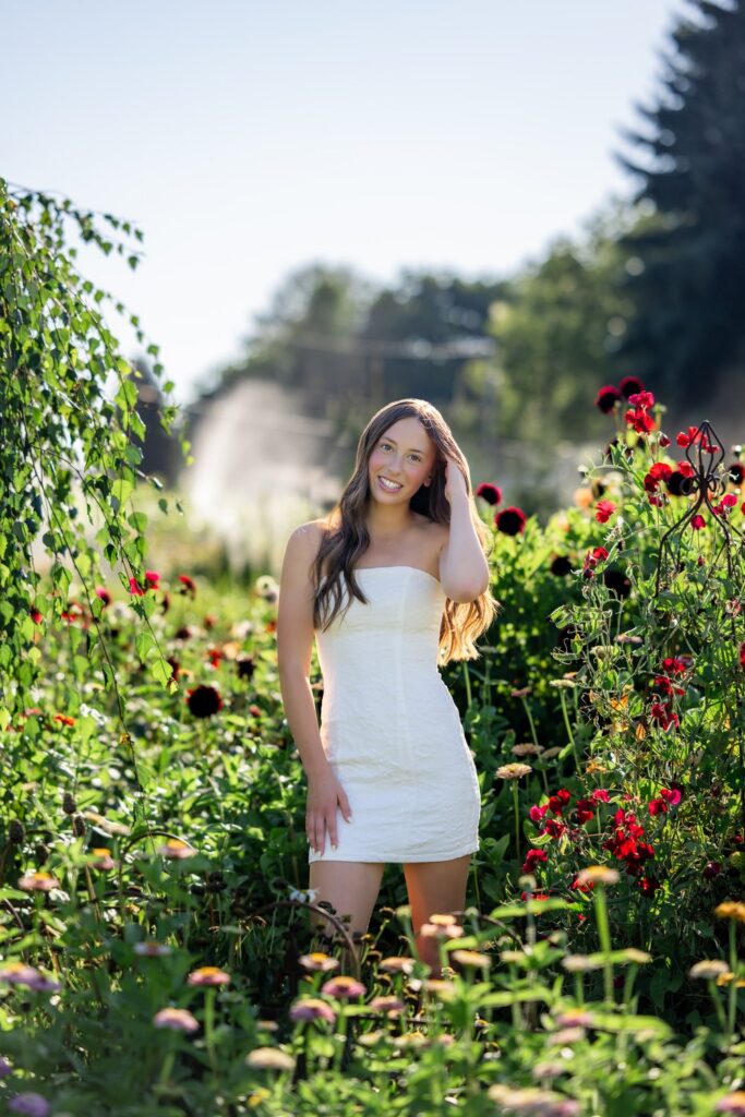 strapless short white dress high school senior girl flower farm snohomish