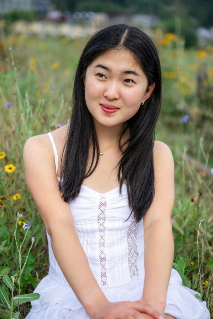 woodinville high school senior girl white dress at flower farm