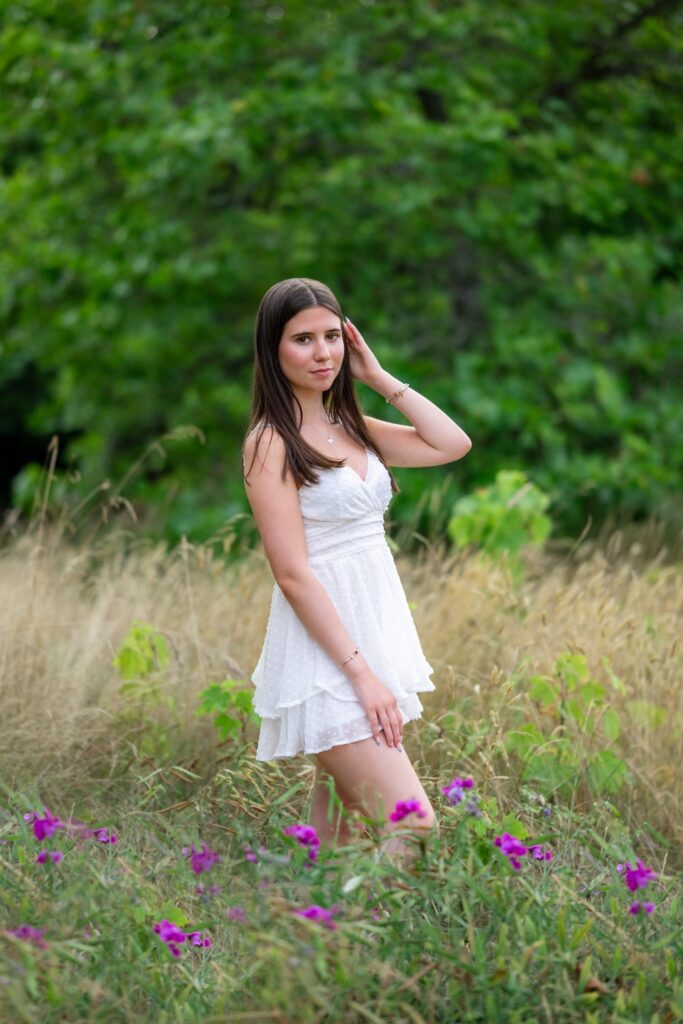 short white dress high school senior wildflowers seattle park