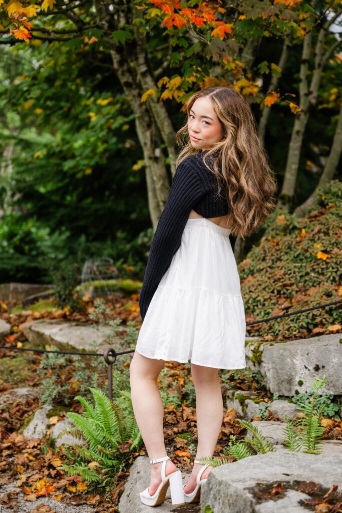 bellevue botanical garden in fall high school senior girl in white dress