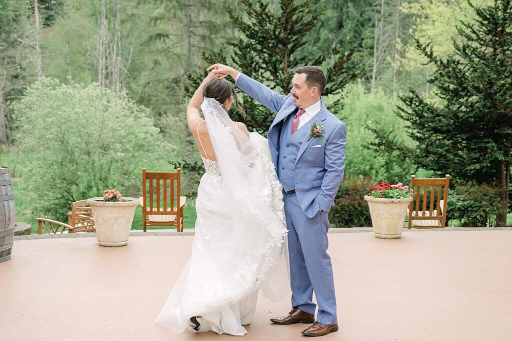 bride and groom dance at jardin del sol in snohomish spring wedding
