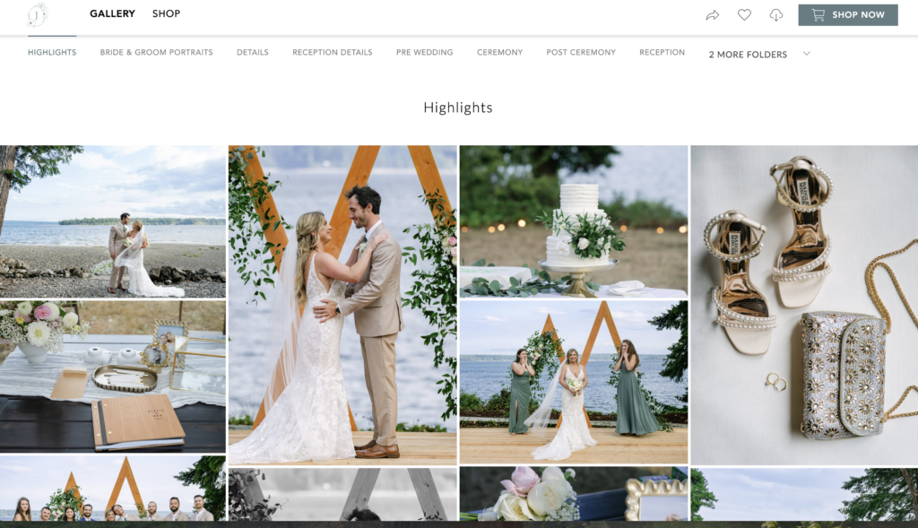 example of wedding day gallery opening page with highlights of bride and groom beach wedding
