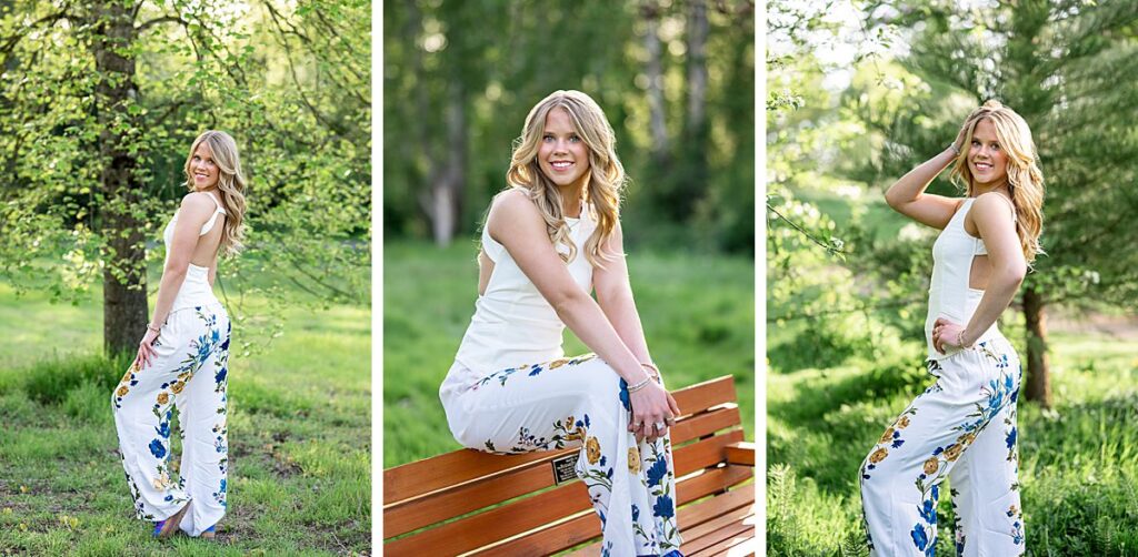 senior girl portraits Juanita Bay Park floral pants and white tank top spring session