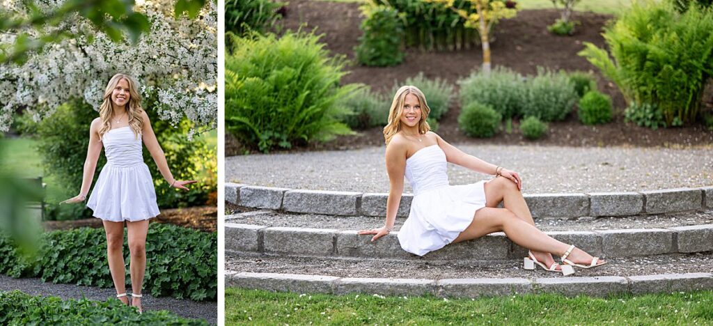 senior girl at Heritage Park in Kirkland spring blossoms and short white dress