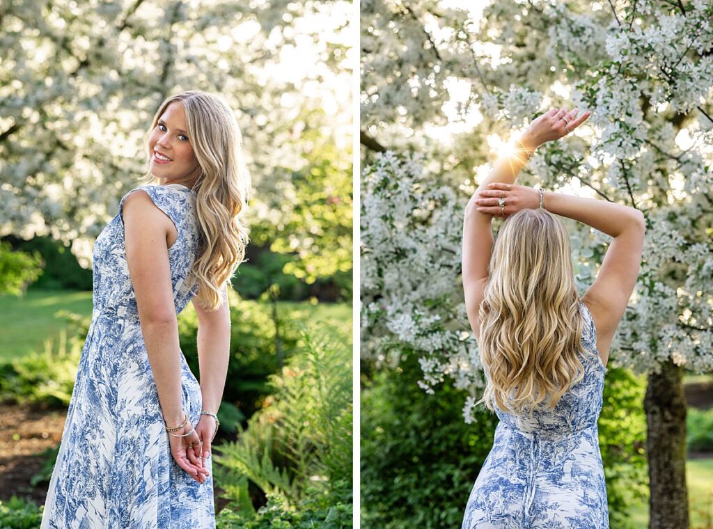senior girl at Heritage Park Kirkland white spring blossoms blue long dress