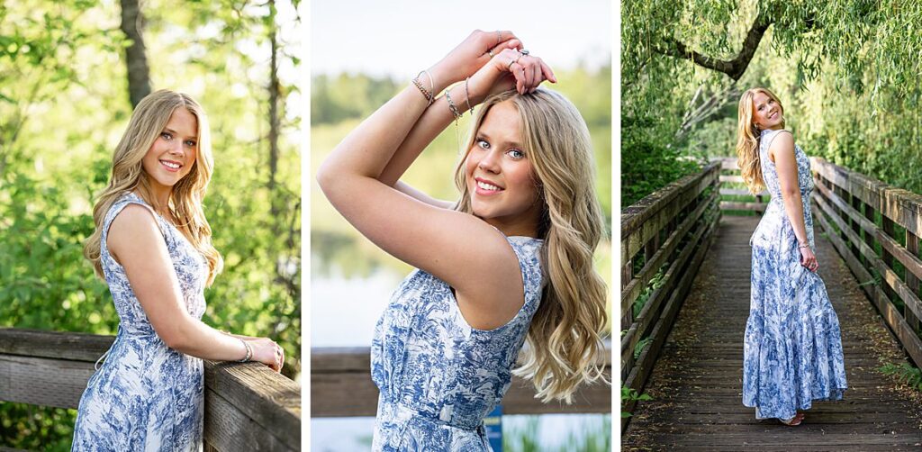 senior girl at Kirkland waterfront park in long blue and white dress in spring
