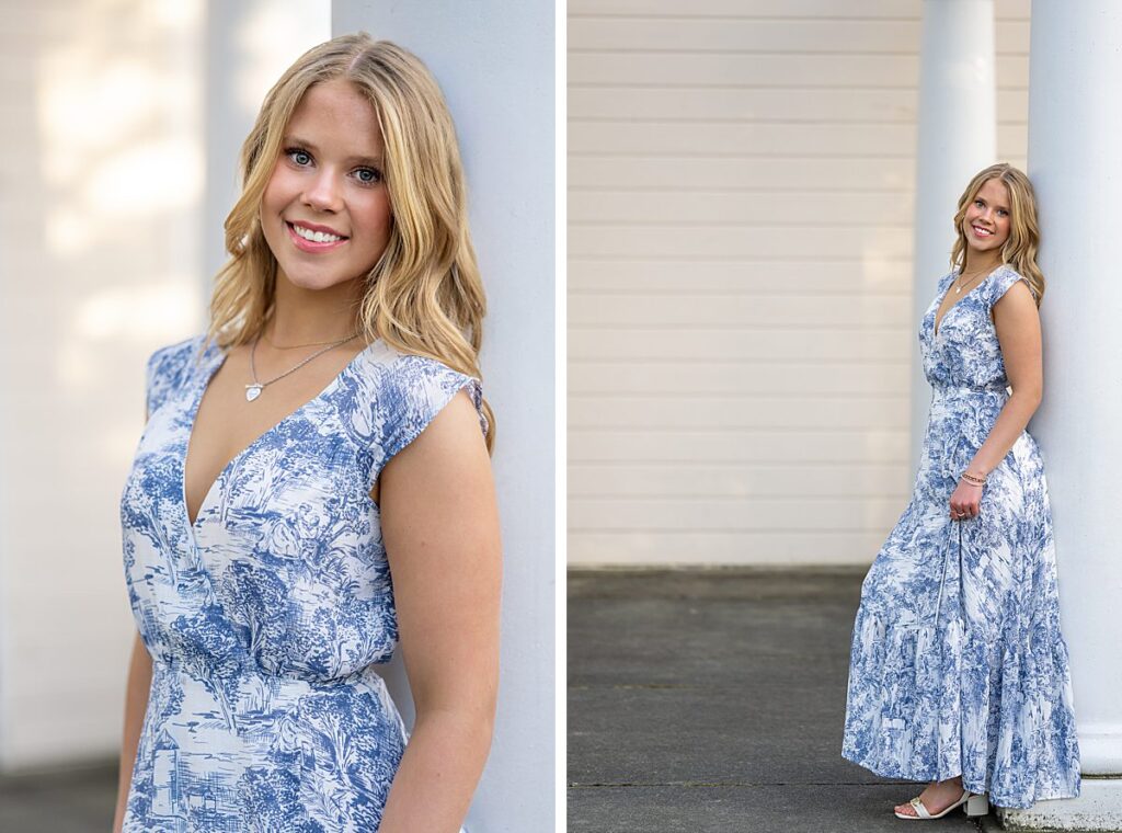 Kirkland senior at Heritage Park in long blue and white dress
