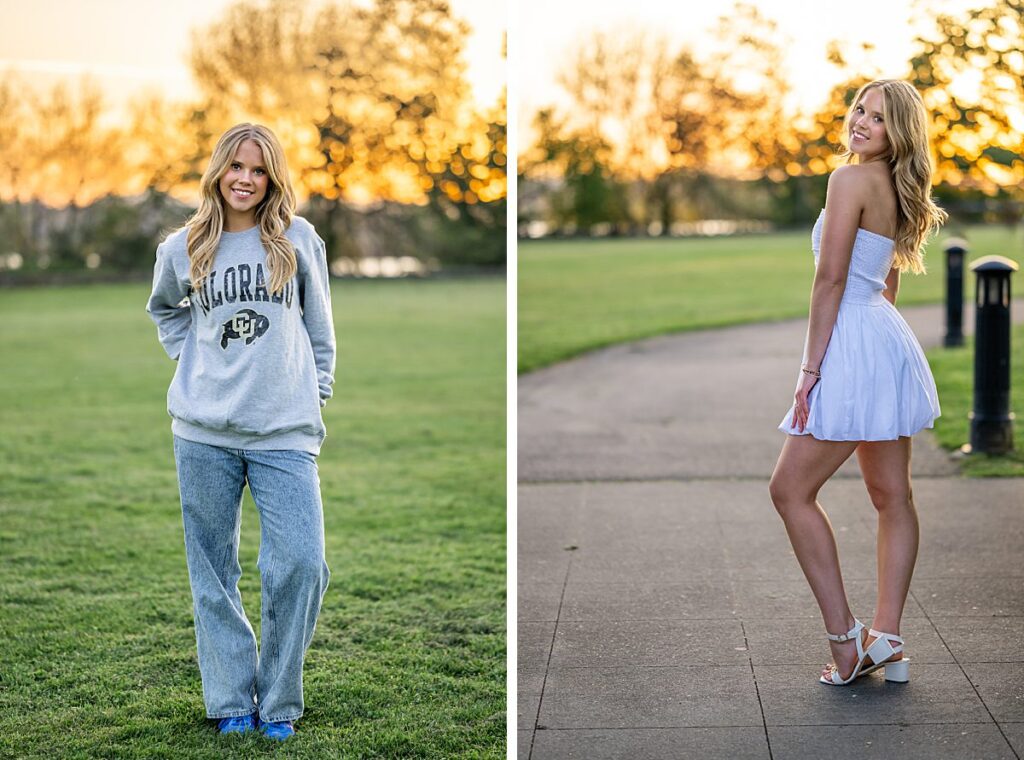 high school senior in college sweatshirt and short white dress at Kirkland park