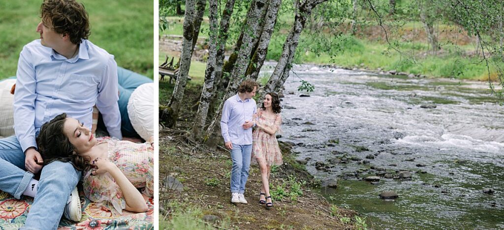 north bend river engagement photoshoot couple picnic