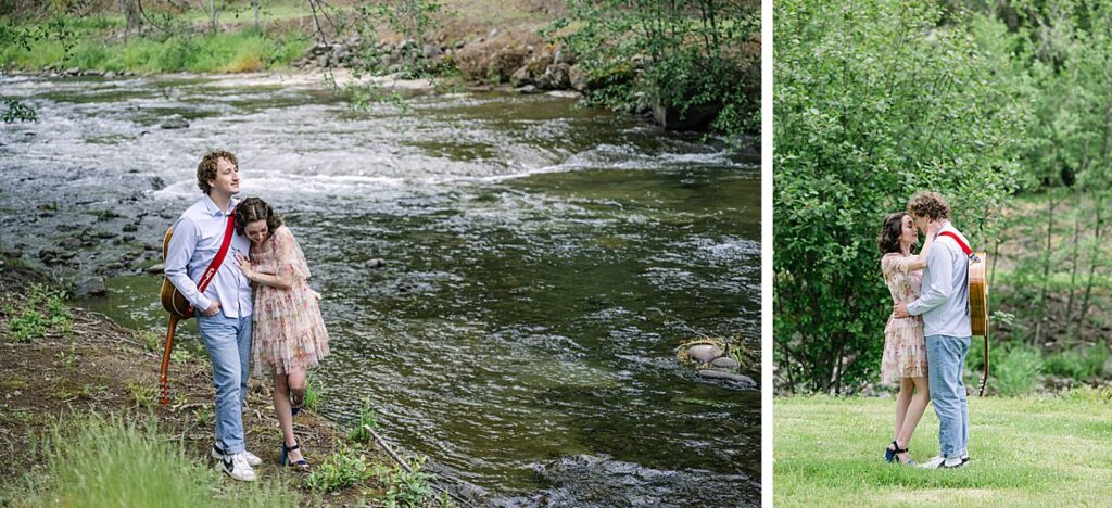 couple engagement by washington river dress and guitar
