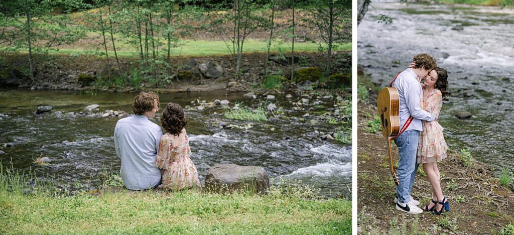 engagement pictures with guitar by north bend washington river
