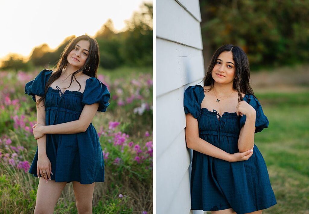 issaquah high school senior at discovery park summer in blue dress
