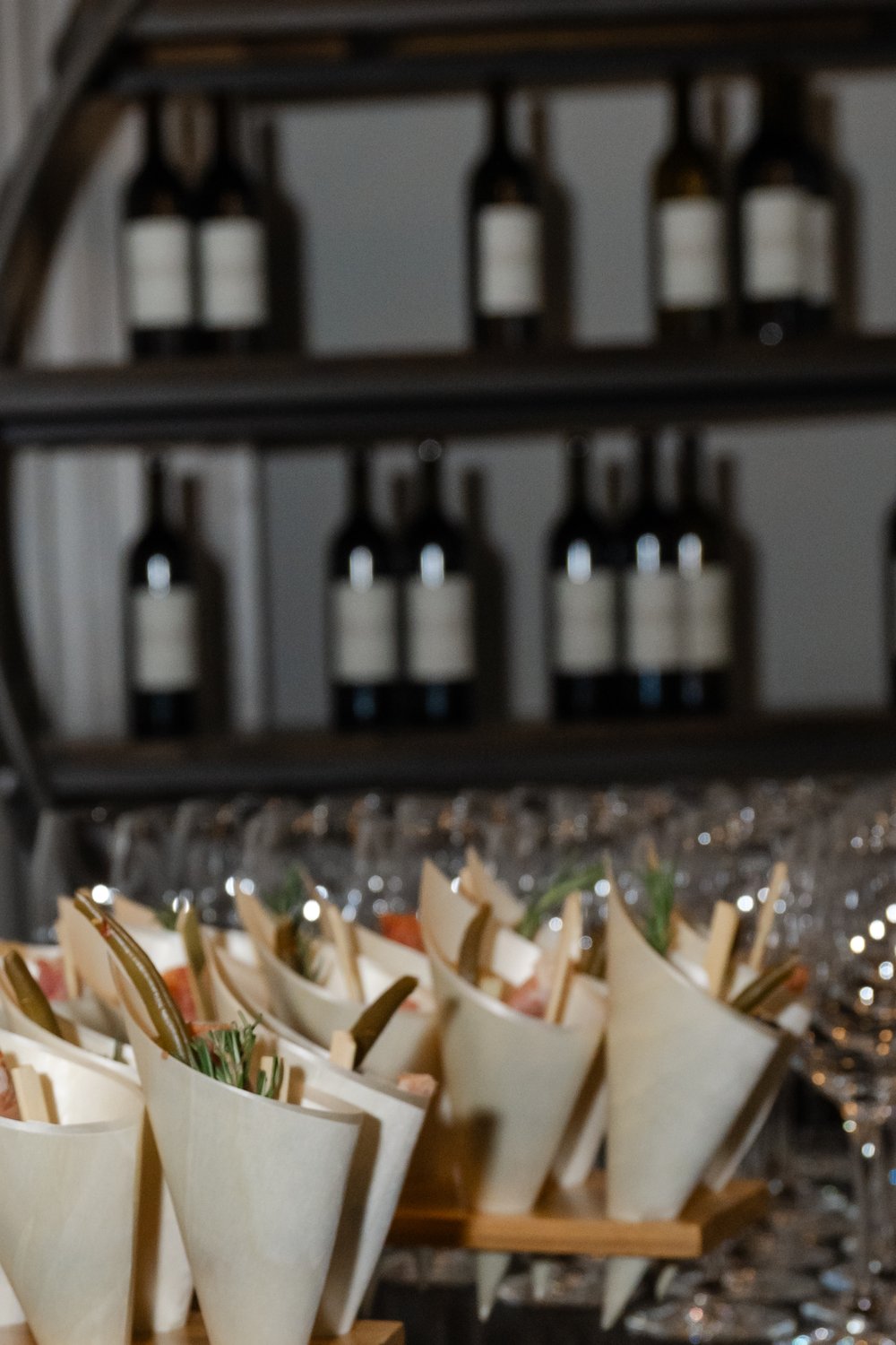 appetizers and wine at rehearsal dinner wedding