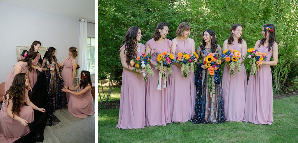 snoqualmie washington bridal party in blush dresses and bright flowers