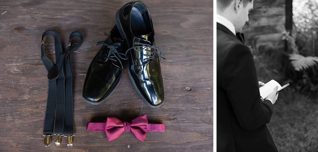 wedding day groom details and black and white photo of groom with vows in garden