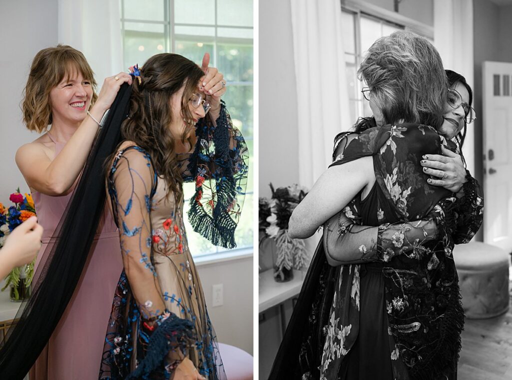 snoqualmie washington bride with mom and sister getting ready at evergreen meadows