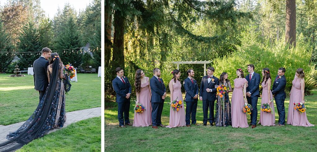 evergreen meadows outdoor pnw wedding venue wedding party and bride and groom