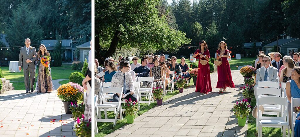 bride with father and adult flower attendants at pacific northwest outdoor wedding venue