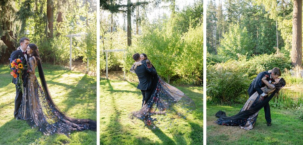 bride and groom portraits in meadow at evergreen meadows wedding venue snoqualmie washington