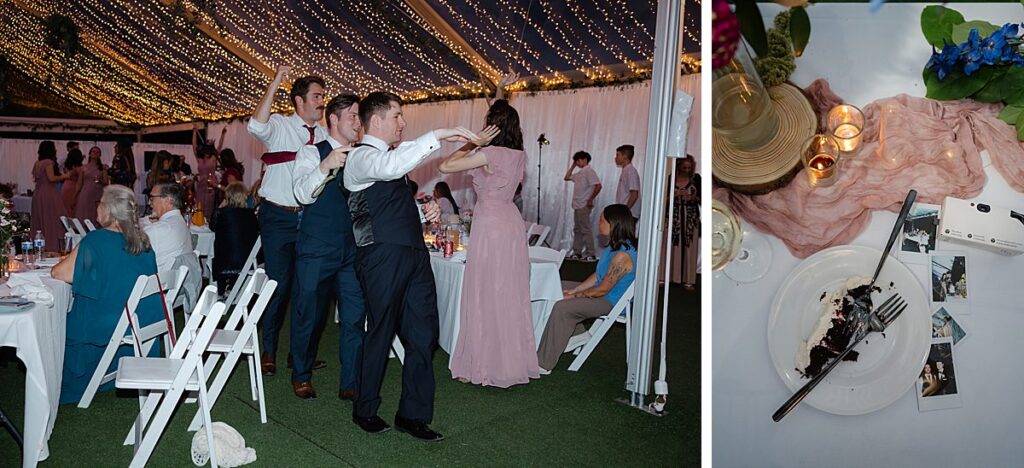 reception dancing and leftover cake detail table shot at pnw wedding
