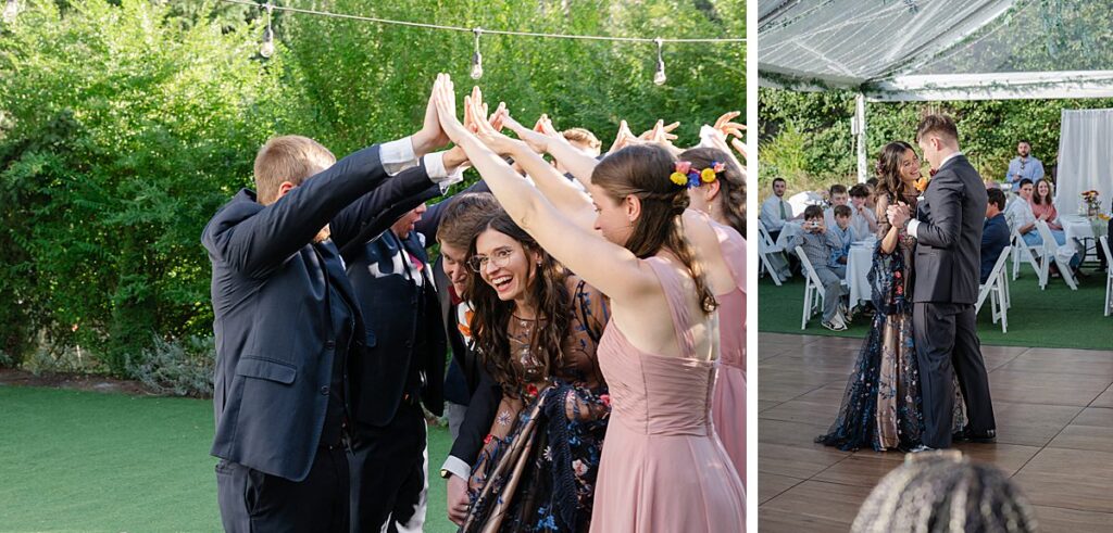 bride and groom entrance and first dance evergreen meadows wedding venue
