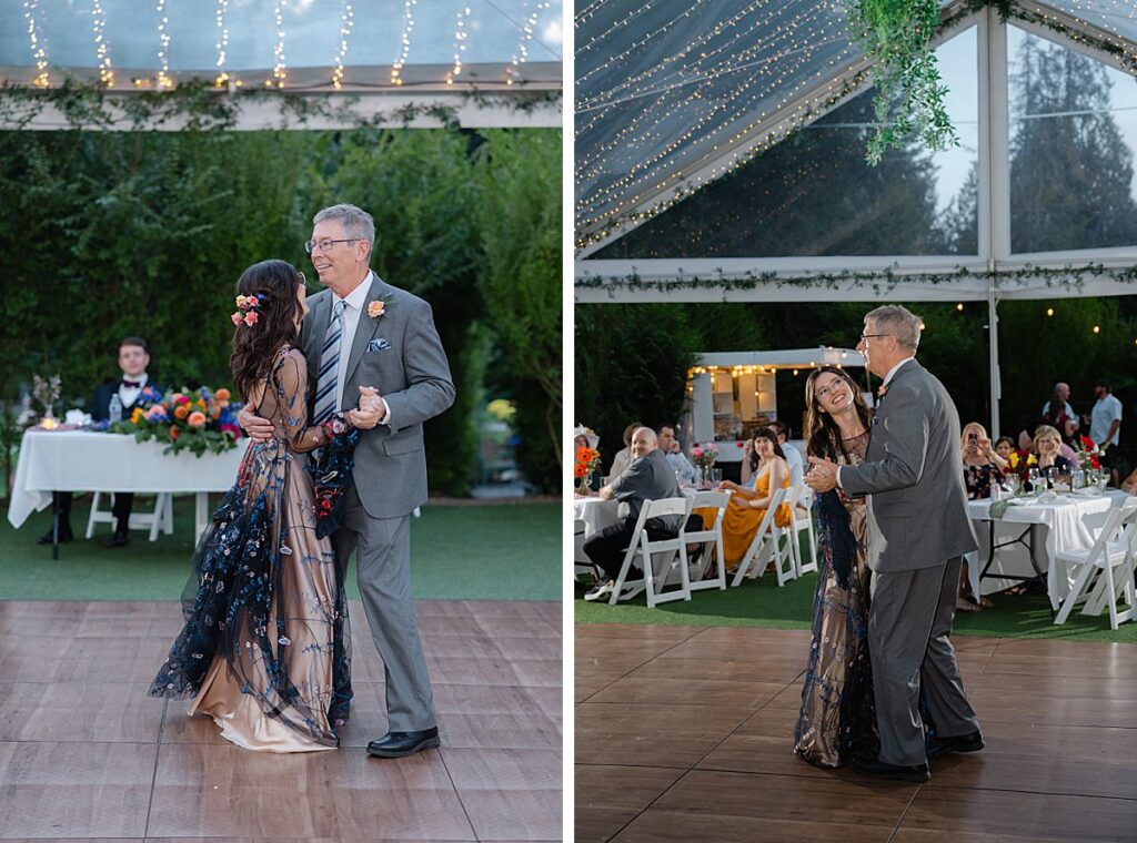 bride and father dance at evergreen meadows pacific northwest wedding venue
