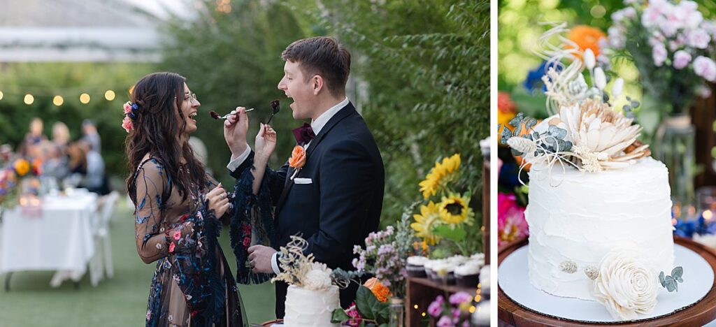 cake and cake cutting at outdoor pacific northwest wedding venue