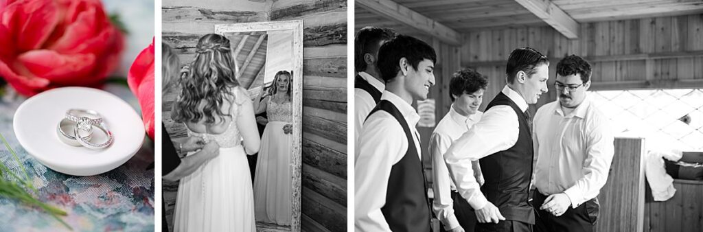 bride and groom getting ready rustic venue and details