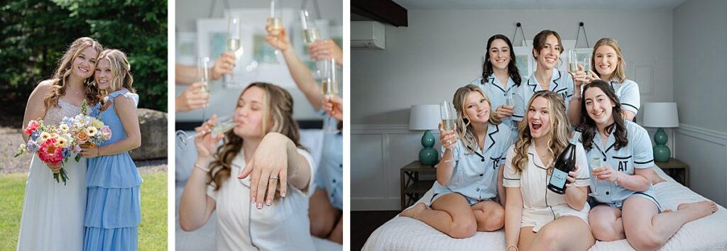 bride and friends pajama and bridesmaid dress photos before Issaquah wedding