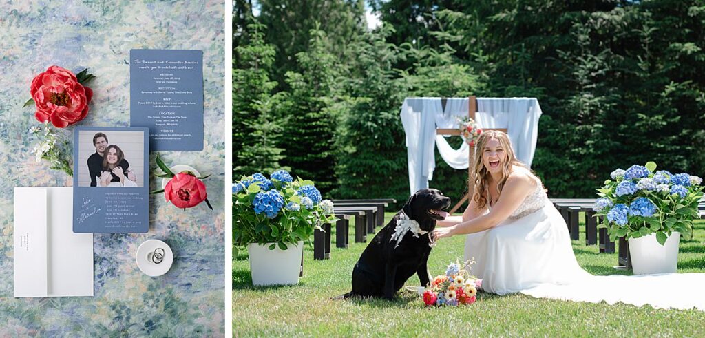bride and black lab dog before outdoor wedding in washington state