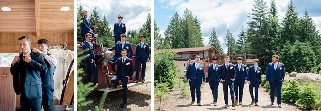 groom and groomsmen fun getting ready and portraits at Trinity Tree Farm