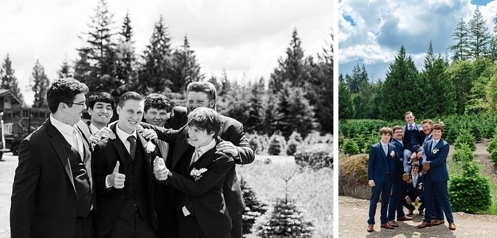 Fun groomsmen portraits at Trinity Tree Farm wedding venue