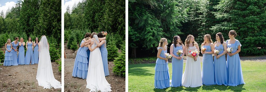 bride and bridesmaids first look at Trinity Tree Farm wedding venue in Issaquah, Washington
