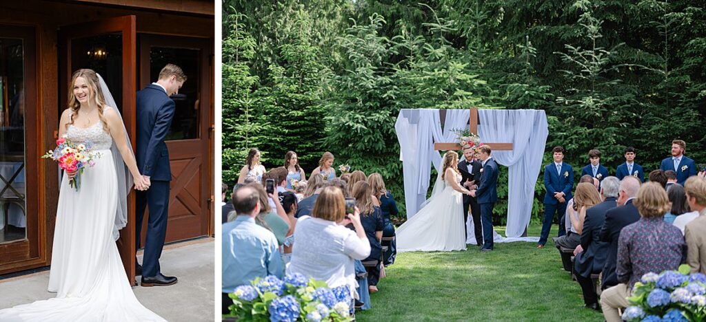 First touch moment for bride and groom and vows at Trinity Tree Farm wedding venue in Issaquah, Washington