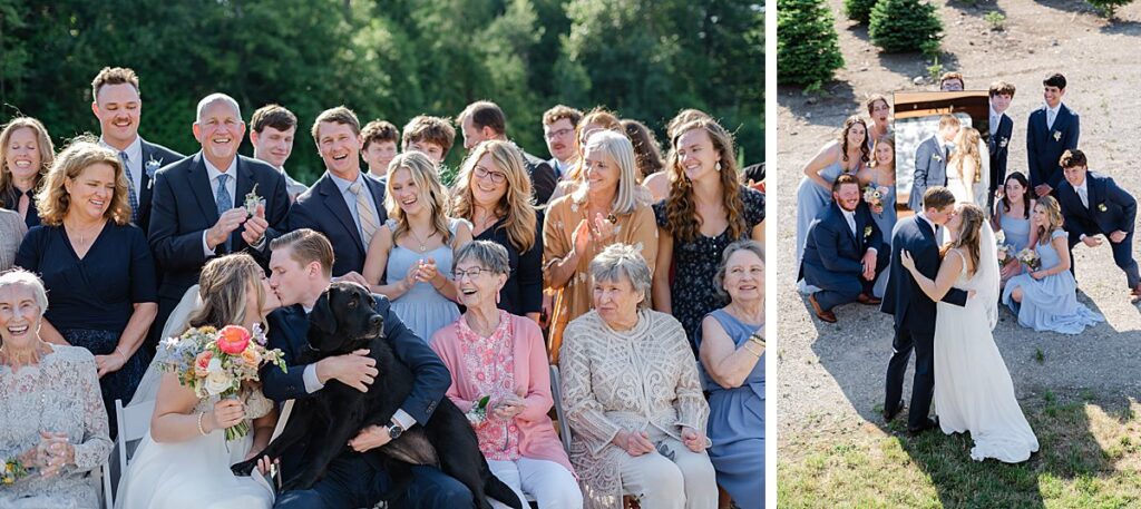 fun family and wedding party photos with bride and groom kissing