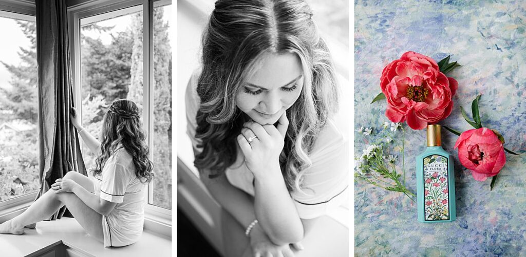 black and white bridal portraits before wedding day and wedding perfume detail