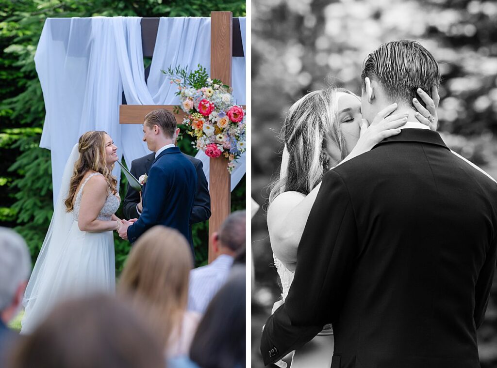 bride and groom first kiss atTrinity Tree Farm wedding venue in Issaquah, Washington outdoor ceremony