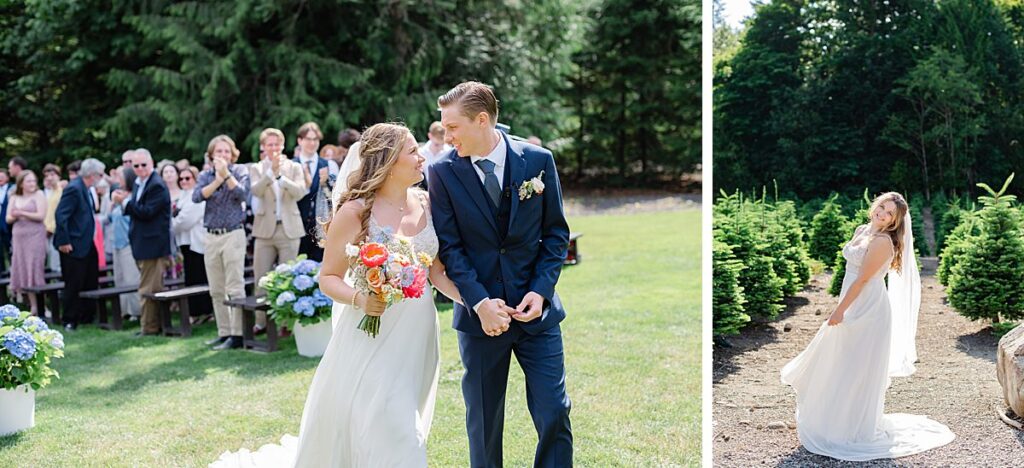 just married bride and groom and bridal portrait in trees at farm in Issaquah, Washington