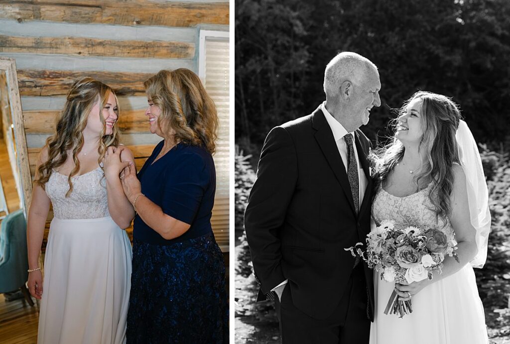 parents with bride on wedding day at rustic pacific northwest venue