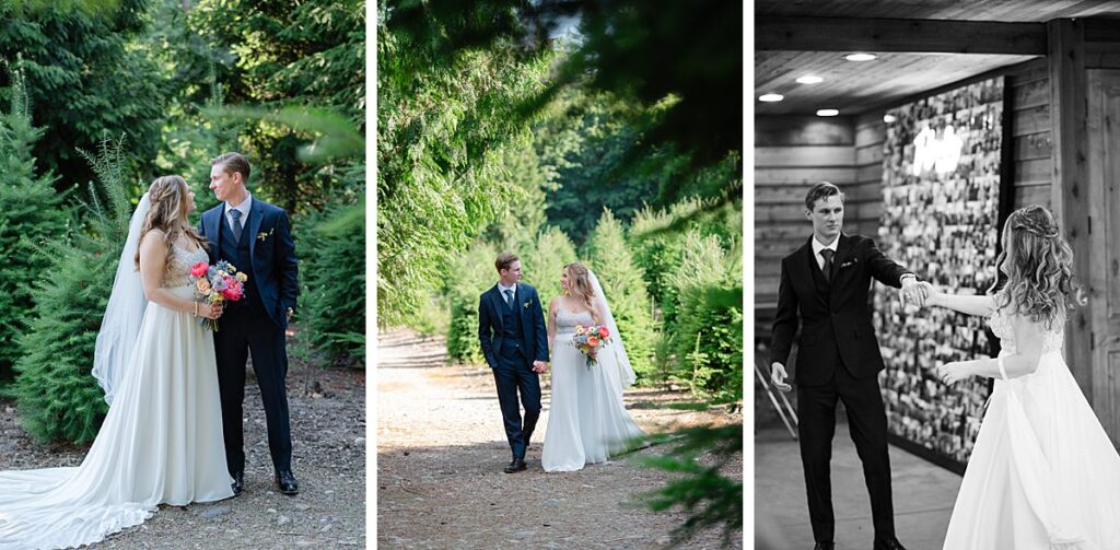 bride and groom wedding day portraits and first dance at Trinity Tree Farm wedding venue in Issaquah, Washington