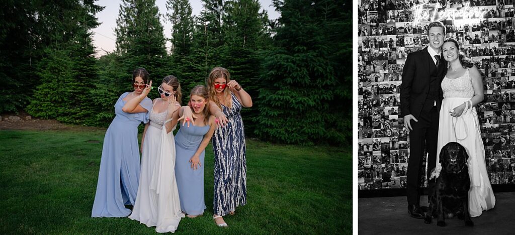 Bride and friends at reception and bride and groom with dog in black in white